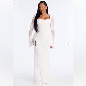 White Long Sleeve Mesh Lace Maxi Corset Back Dress